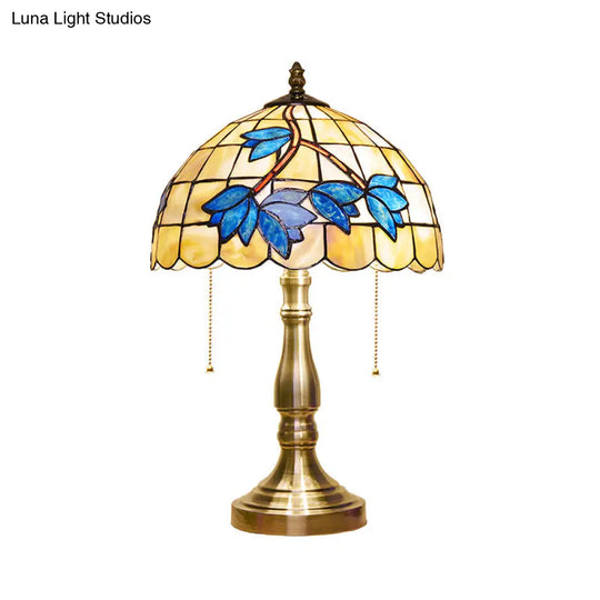 Antique Tiffany Dome Desk Light - Blue Flower/Dragonfly/Butterfly Stained Glass Table For Bedroom (2