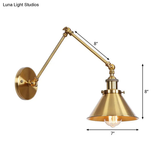 Antique Wall Mounted Swing Arm Lamp - Iron Brass Task Lighting With Scalloped/Horn/Cone Design