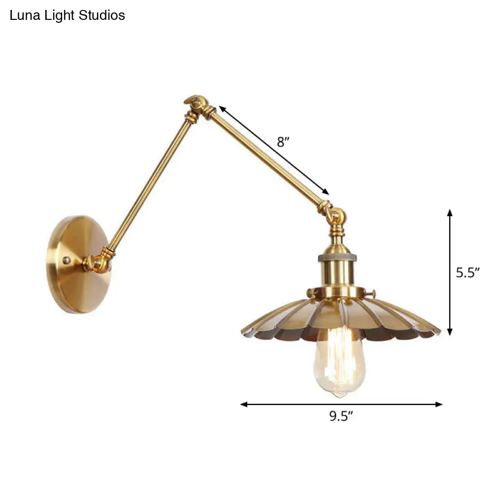 Antique Wall Mounted Swing Arm Lamp - Iron Brass Task Lighting With Scalloped/Horn/Cone Design