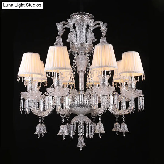 Antique White Chandelier With Pleated Shade Fabric 8-Bulb Pendant For Living Room - Curvy Glass Arm