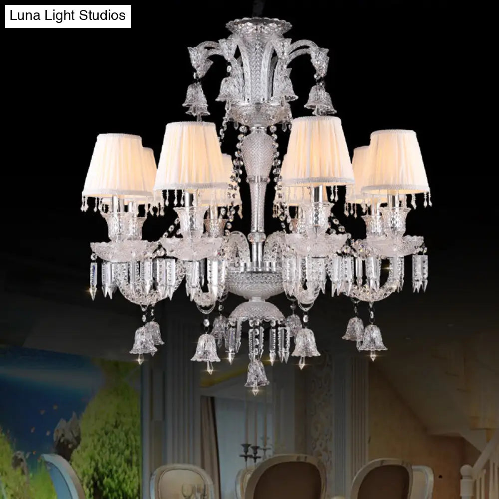 Antique White Chandelier With Pleated Shade Fabric 8-Bulb Pendant For Living Room - Curvy Glass Arm