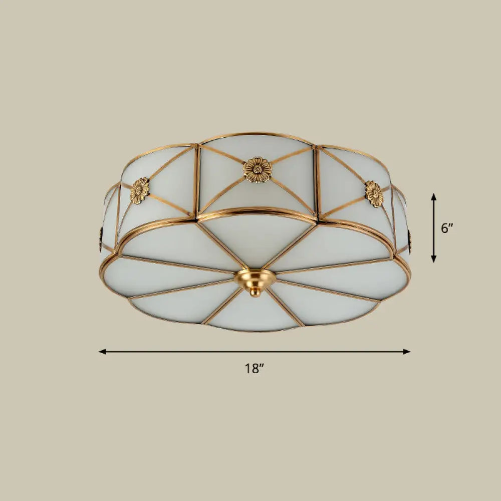 Antique White Glass Brass Flush - Mount Ceiling Light For Living Room With X - Brace And Floral