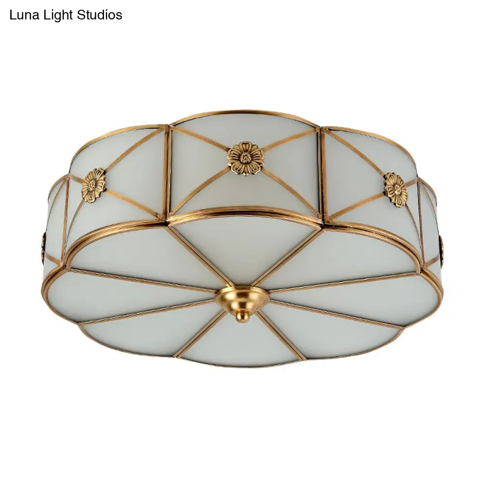 Antique White Glass Brass Flush-Mount Ceiling Light For Living Room With X-Brace And Floral Design