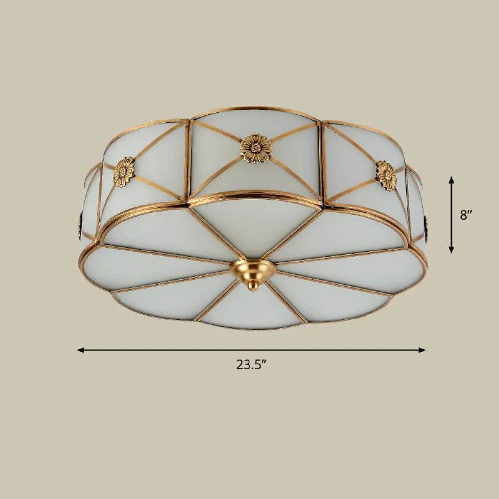 Antique White Glass Brass Flush - Mount Ceiling Light For Living Room With X - Brace And Floral