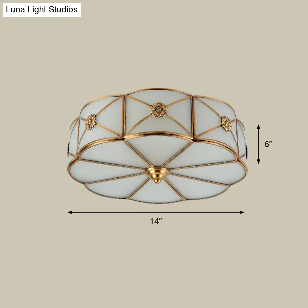 Antique White Glass Brass Flush-Mount Ceiling Light For Living Room With X-Brace And Floral Design 3