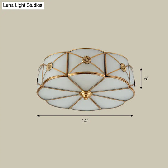 Antique White Glass Brass Flush-Mount Ceiling Light For Living Room With X-Brace And Floral Design 3