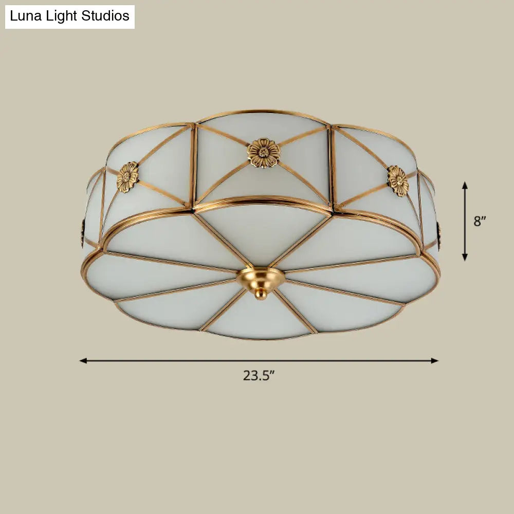 Antique White Glass Brass Flush-Mount Ceiling Light For Living Room With X-Brace And Floral Design 6