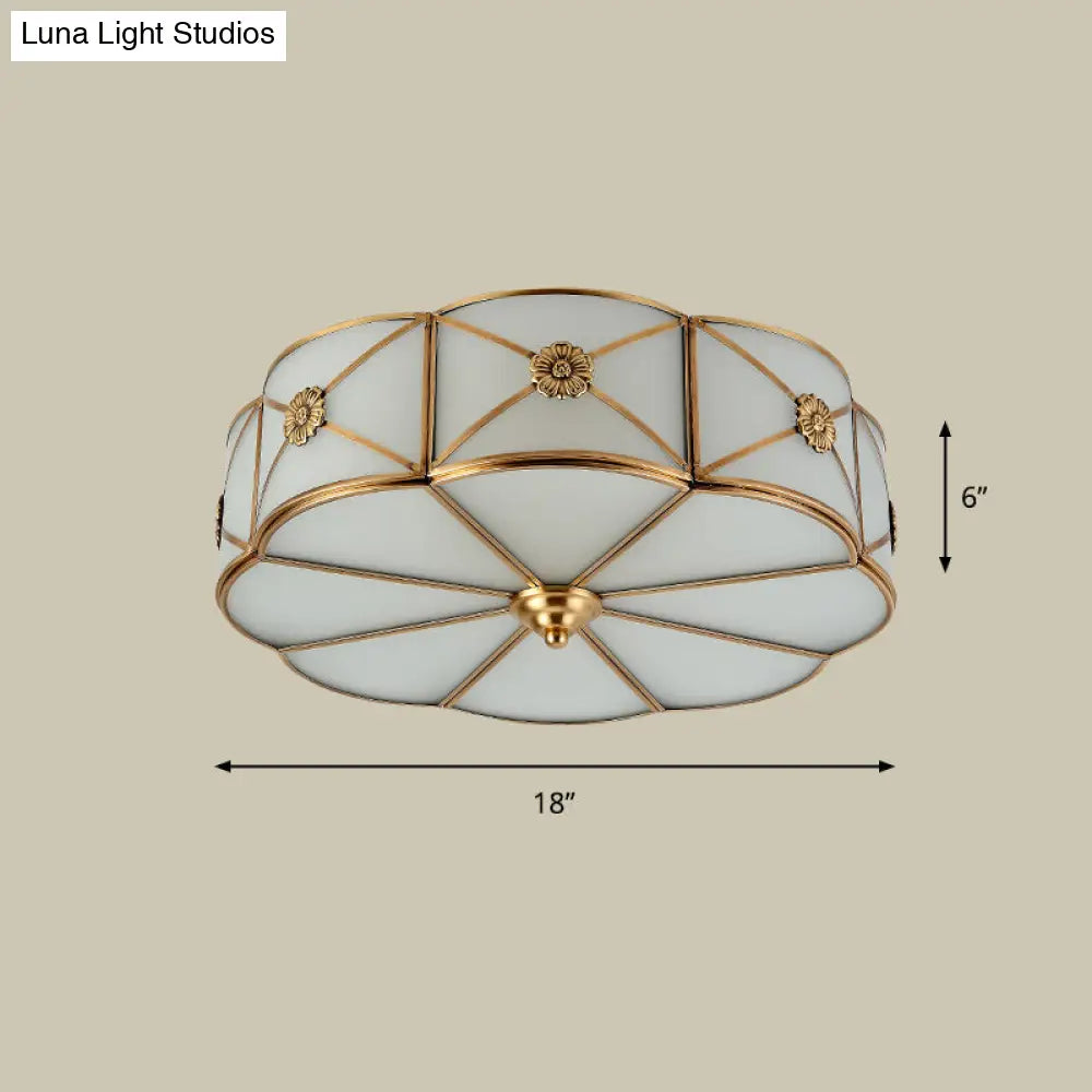 Antique White Glass Brass Flush-Mount Ceiling Light For Living Room With X-Brace And Floral Design 4