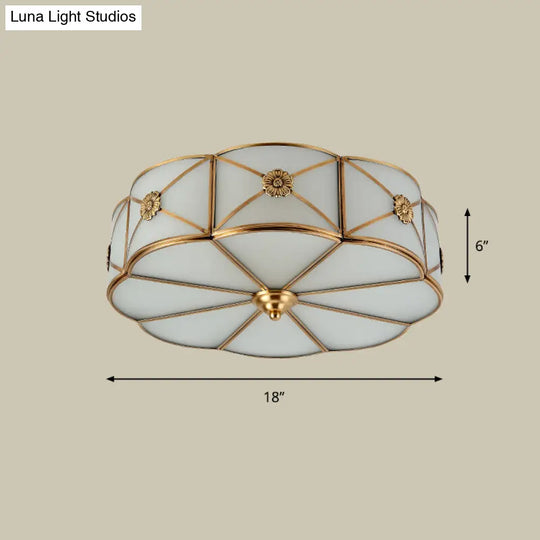 Antique White Glass Brass Flush-Mount Ceiling Light For Living Room With X-Brace And Floral Design 4