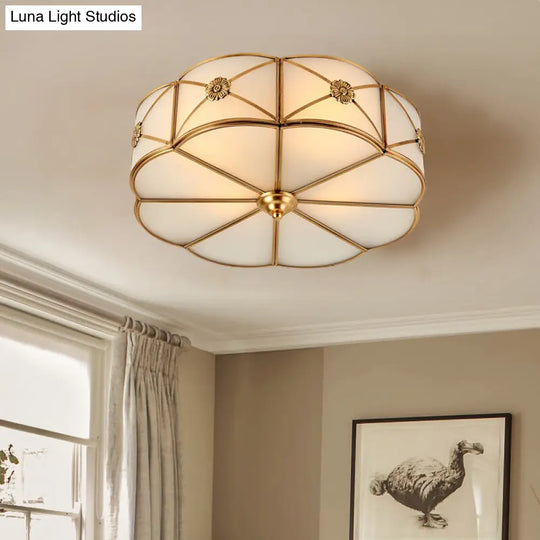 Antique White Glass Brass Flush-Mount Ceiling Light For Living Room With X-Brace And Floral Design