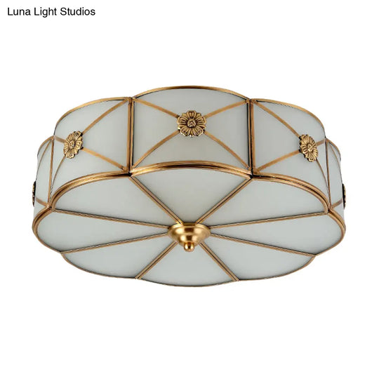 Antique White Glass Brass Flush - Mount Ceiling Light For Living Room With X - Brace And Floral