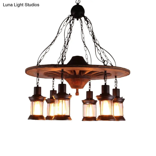 Antique Wooden Style Wheel Chandelier 6 Heads Black Ceiling Light With Lantern Clear Glass Shade