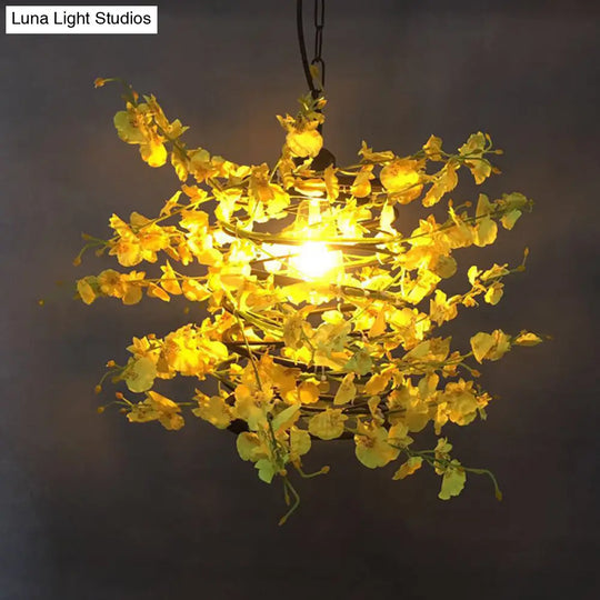 Antique Yellow And Green Plant Metal Ceiling Light - Restaurant Pendant With Led Down Lighting
