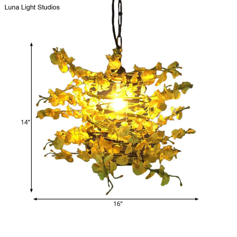 Antique Yellow And Green Plant Metal Ceiling Light - Restaurant Pendant With Led Down Lighting