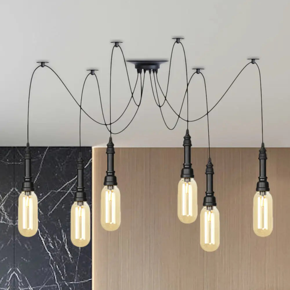 Antiqued Amber Glass Coffee House Ceiling Light - Capsule Multi 2/3/6 Head Black Swag Led Pendant 6