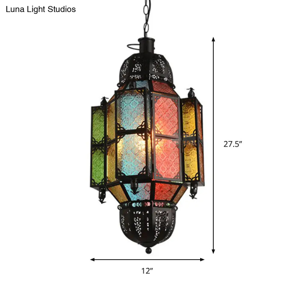 Antiqued Bar Pendant Lamp With Lantern Glass Shade - Black