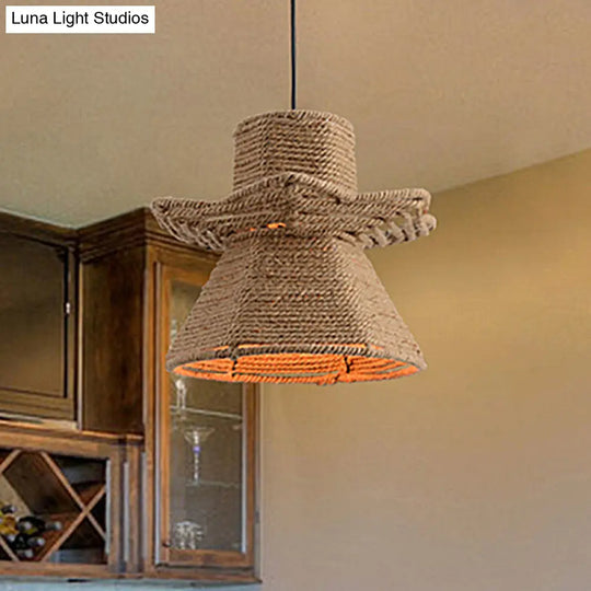 1-Head Beige Ceiling Pendant Light With Antique Rope Urn Shape - Ideal For Restaurants