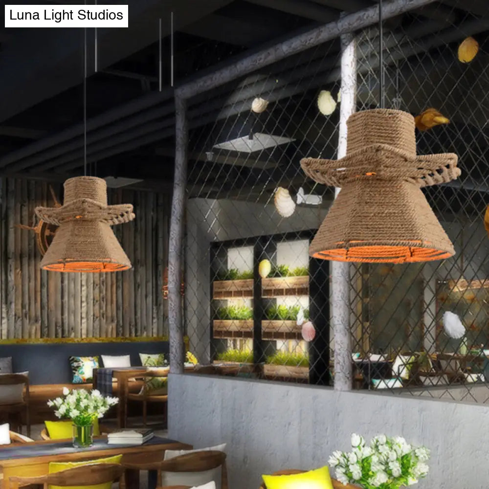 1-Head Beige Ceiling Pendant Light With Antique Rope Urn Shape - Ideal For Restaurants