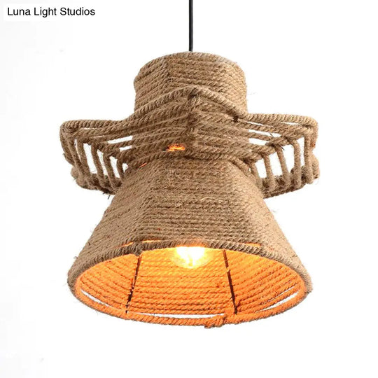 1-Head Beige Ceiling Pendant Light With Antique Rope Urn Shape - Ideal For Restaurants