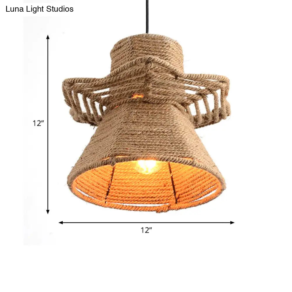 1-Head Beige Ceiling Pendant Light With Antique Rope Urn Shape - Ideal For Restaurants