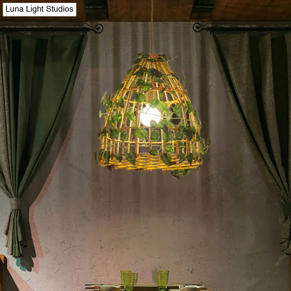 Antiqued Bell Cage Pendant Light Kit With Bamboo Suspension Lamp And Fake Plant Deco In Beige