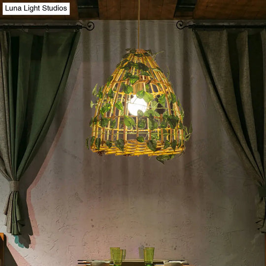 Antiqued Bell Cage Pendant Light Kit With Bamboo Suspension Lamp And Fake Plant Deco In Beige