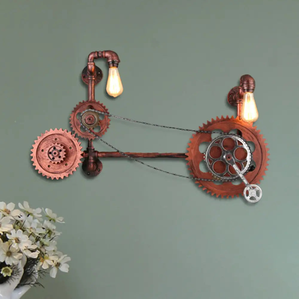 Antiqued Bicycle Iron Wall Sconce With 2 Lights For Corridor Rust