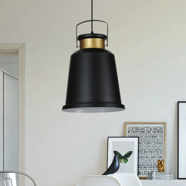 Antiqued Black Bell Pendant Lamp With Aluminum Handle And Down Lighting Bulb