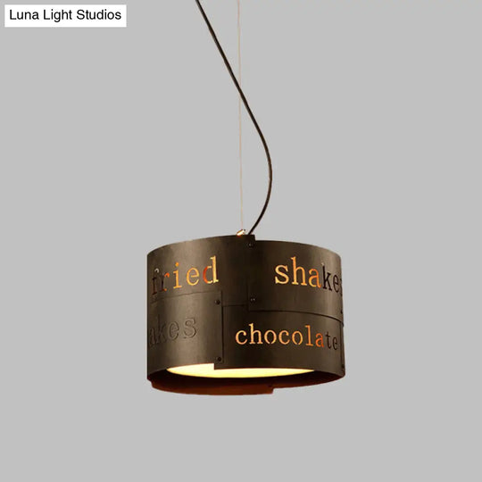 Antiqued Black Iron 3-Head Drum Chandelier - Stylish Ceiling Hang Fixture With Lettering Design