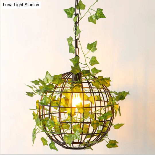 Antiqued Black Metal Orb Cage Ceiling Light - Elegant 1 Head Pendant Lamp With Leaf Deco For Dining