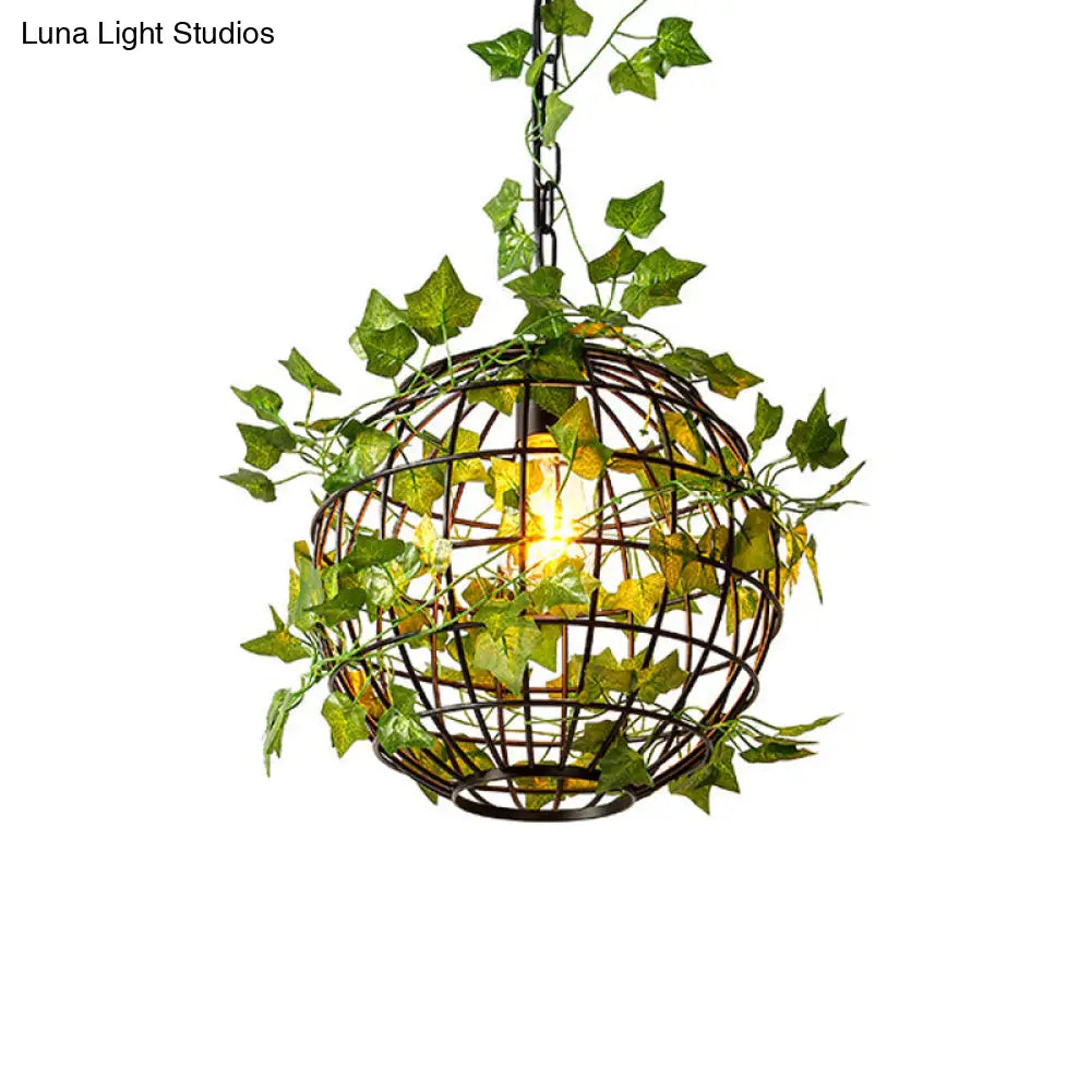 Antiqued Black Metal Orb Cage Ceiling Light - Elegant 1 Head Pendant Lamp With Leaf Deco For Dining