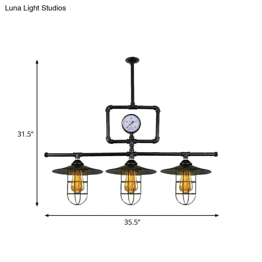 Antiqued Black Metal Pendant Lamp With Watermeter Deco - 3-Head Ceiling Lighting For Bar And Island