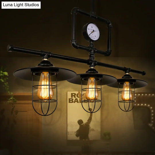 Antiqued Black Metal Pendant Lamp With Watermeter Deco - 3-Head Ceiling Lighting For Bar And Island