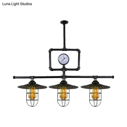 Antiqued Black Metal Pendant Lamp With Watermeter Deco - 3-Head Ceiling Lighting For Bar And Island