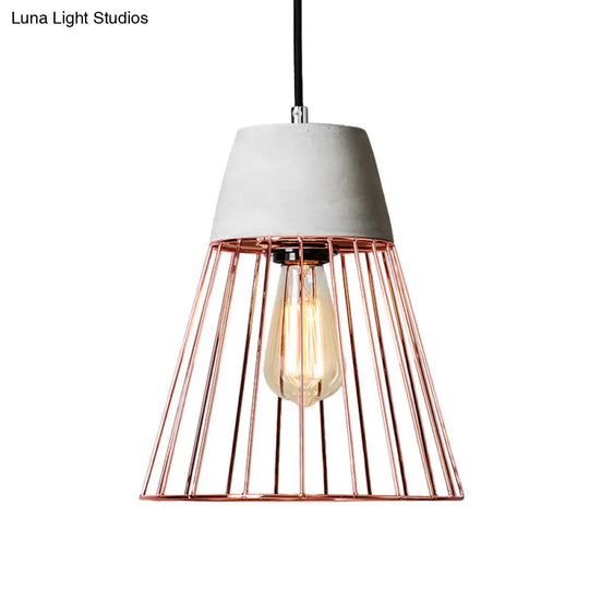 Antiqued Black/Rose Gold Conic Cage Ceiling Light With Cement Top - Pendant Lamp Fixture