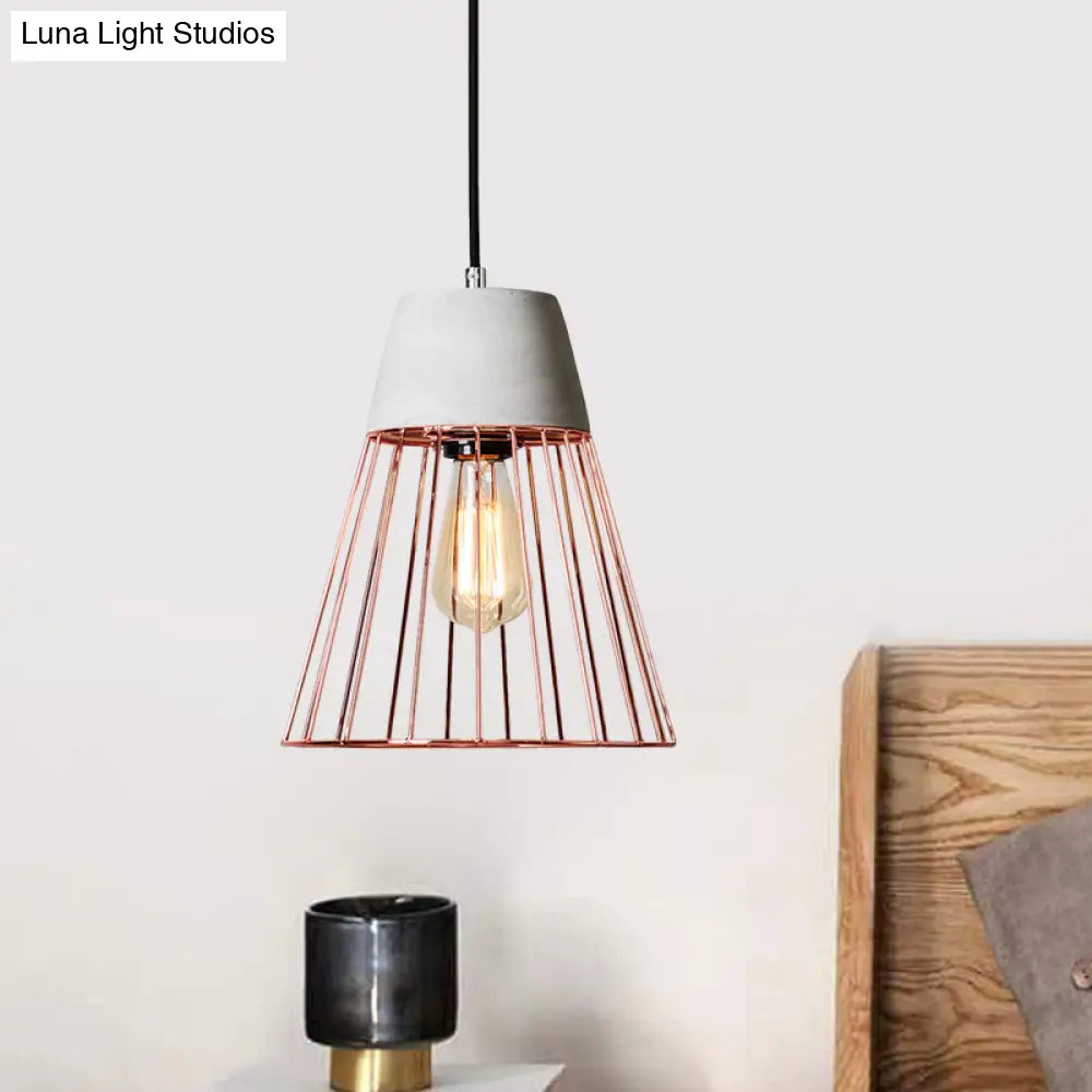 Antiqued Black/Rose Gold Conic Cage Ceiling Pendant Light With Cement Top And 1