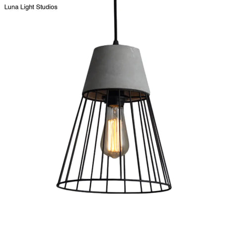 Antiqued Black/Rose Gold Conic Cage Ceiling Pendant Light With Cement Top And 1