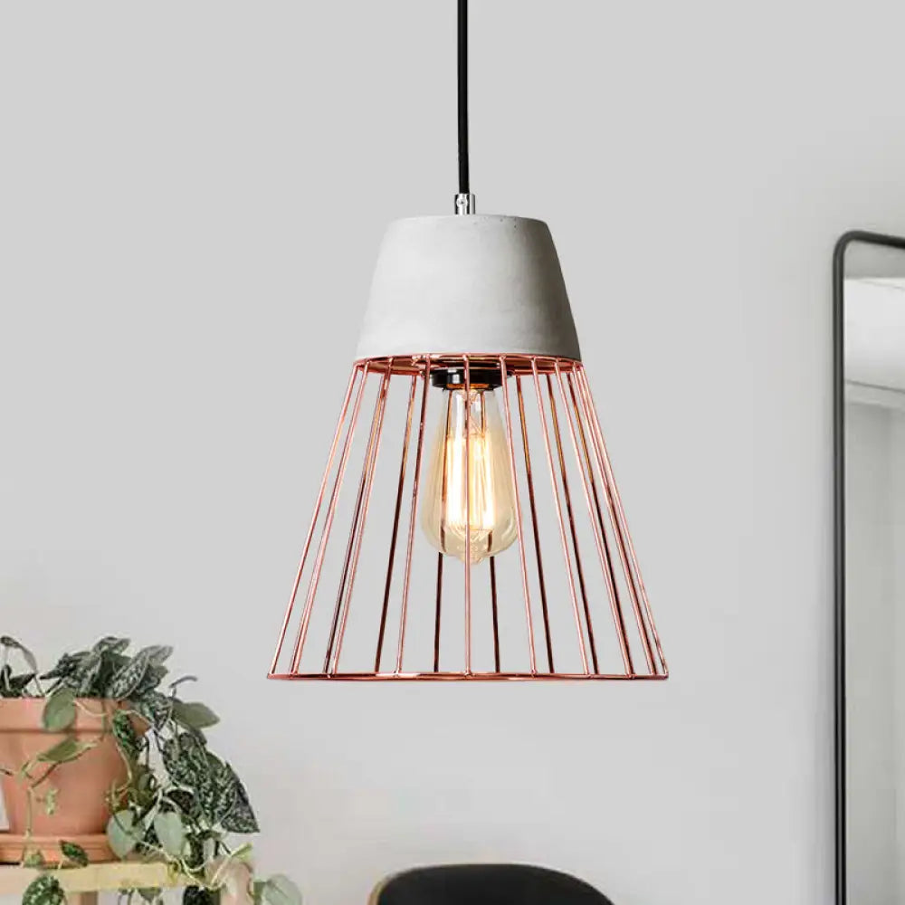 Antiqued Black/Rose Gold Conic Cage Ceiling Pendant Light With Cement Top And 1 Rose