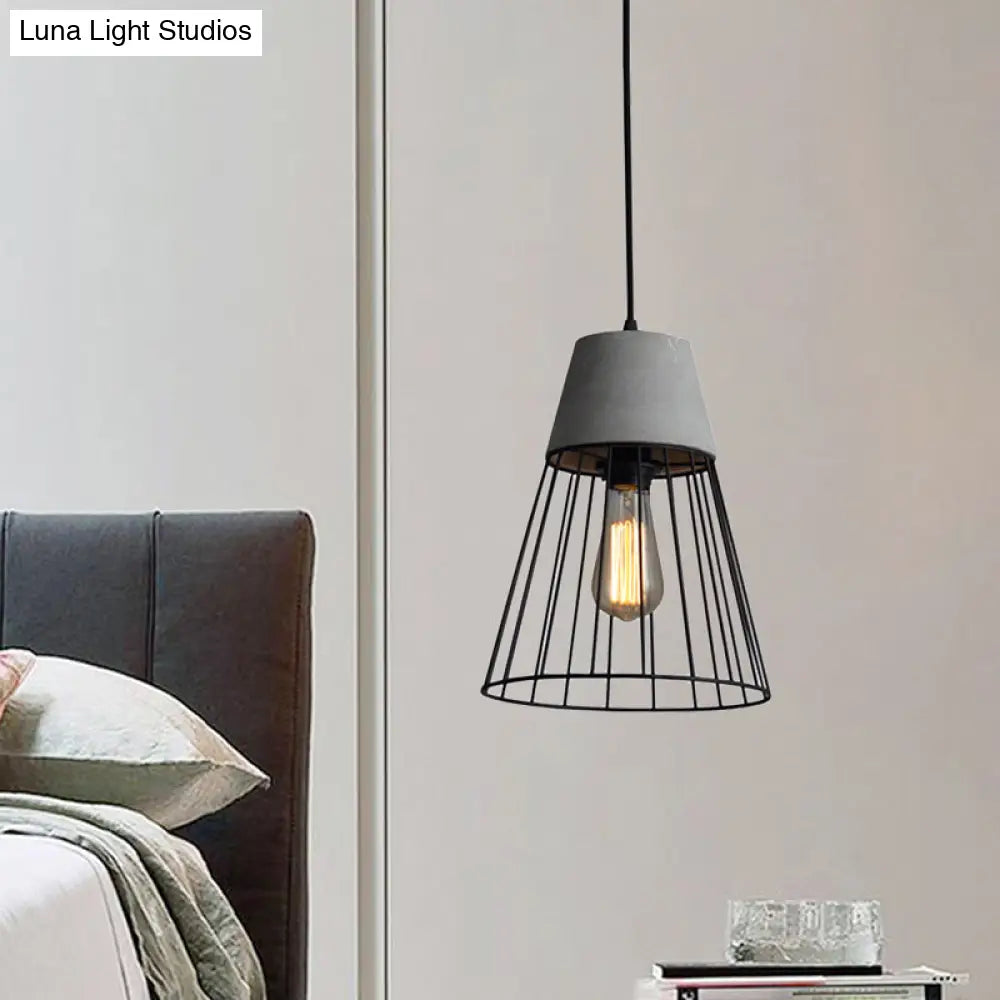 Antiqued Black/Rose Gold Conic Cage Ceiling Pendant Light With Cement Top And 1