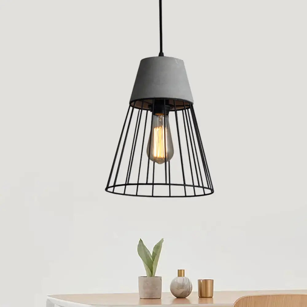 Antiqued Black/Rose Gold Conic Cage Ceiling Pendant Light With Cement Top And 1 Black