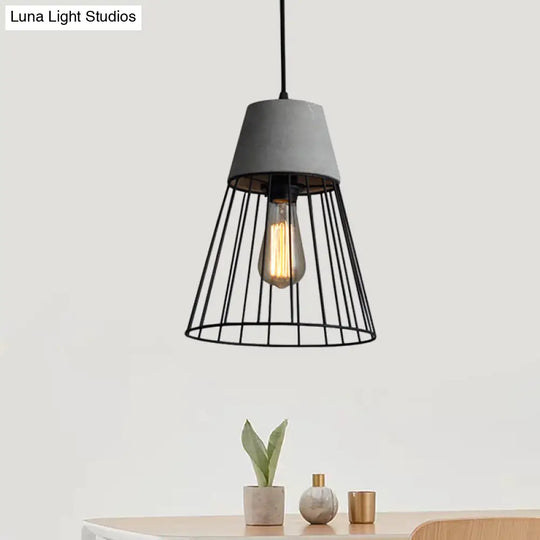Antiqued Black/Rose Gold Conic Cage Ceiling Light With Cement Top - Pendant Lamp Fixture Black