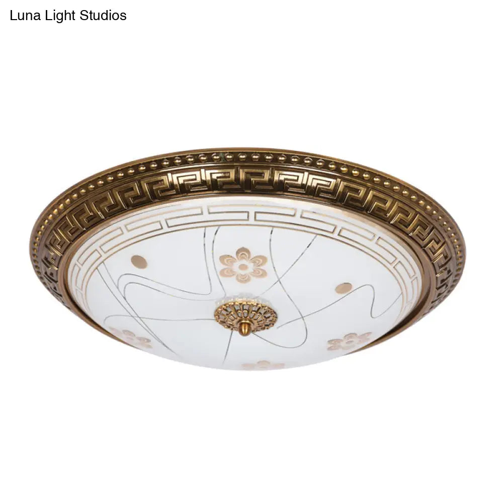 Antiqued Bowl Shade Glass Flush Mount Lamp In Gold With Led 12.5’/15’/19’ Width And Warm/White Light