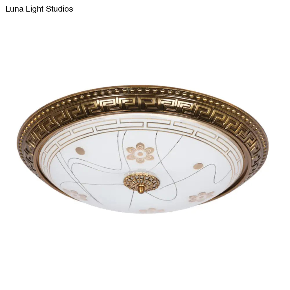 Antiqued Bowl Shade Glass Flush Mount Lamp In Gold With Led 12.5/15/19 Width And Warm/White Light