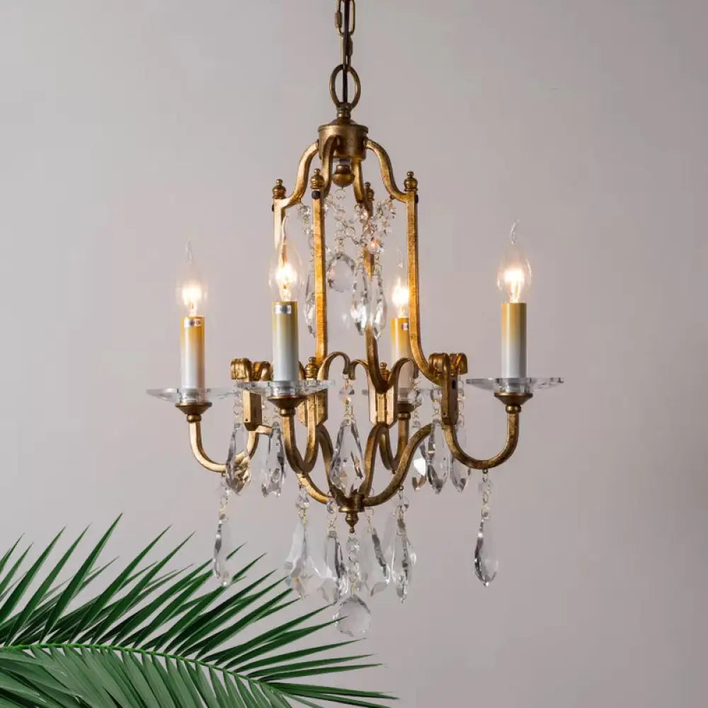 Antiqued Brass 4-Light Rustic Crystal Chandelier Pendant Lamp