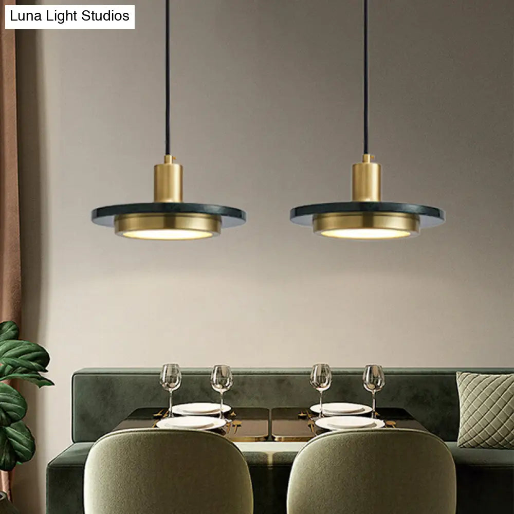 Modern Marble Lid Pendant Light With Brass Finish And Green Led