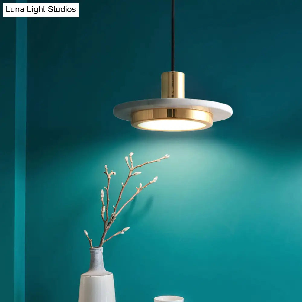 Modern Marble Lid Pendant Light With Brass Finish And Green Led