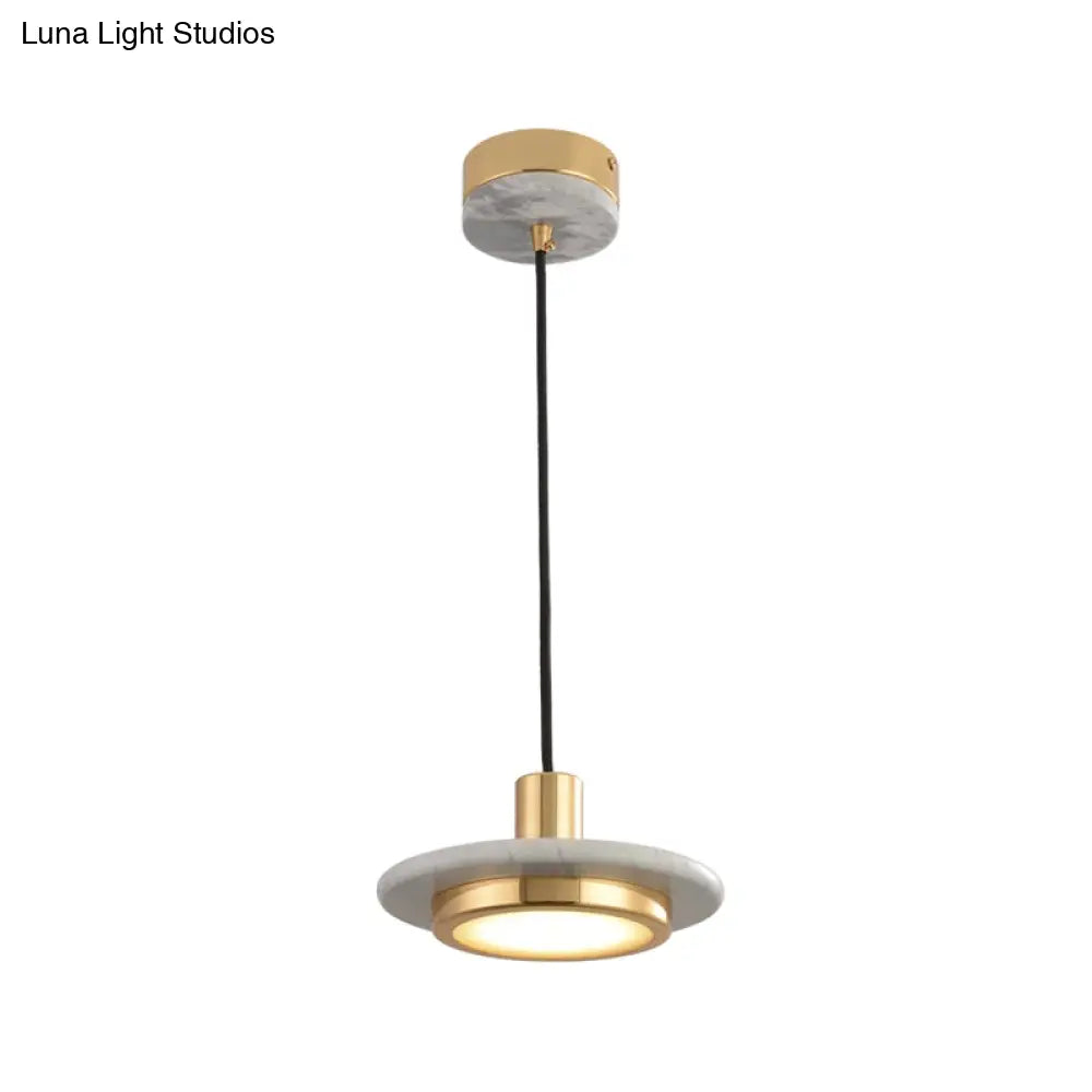 Antiqued Brass And Green Led Marble Lid Drop Pendant Light - Postmodern Ceiling Hang Fixture