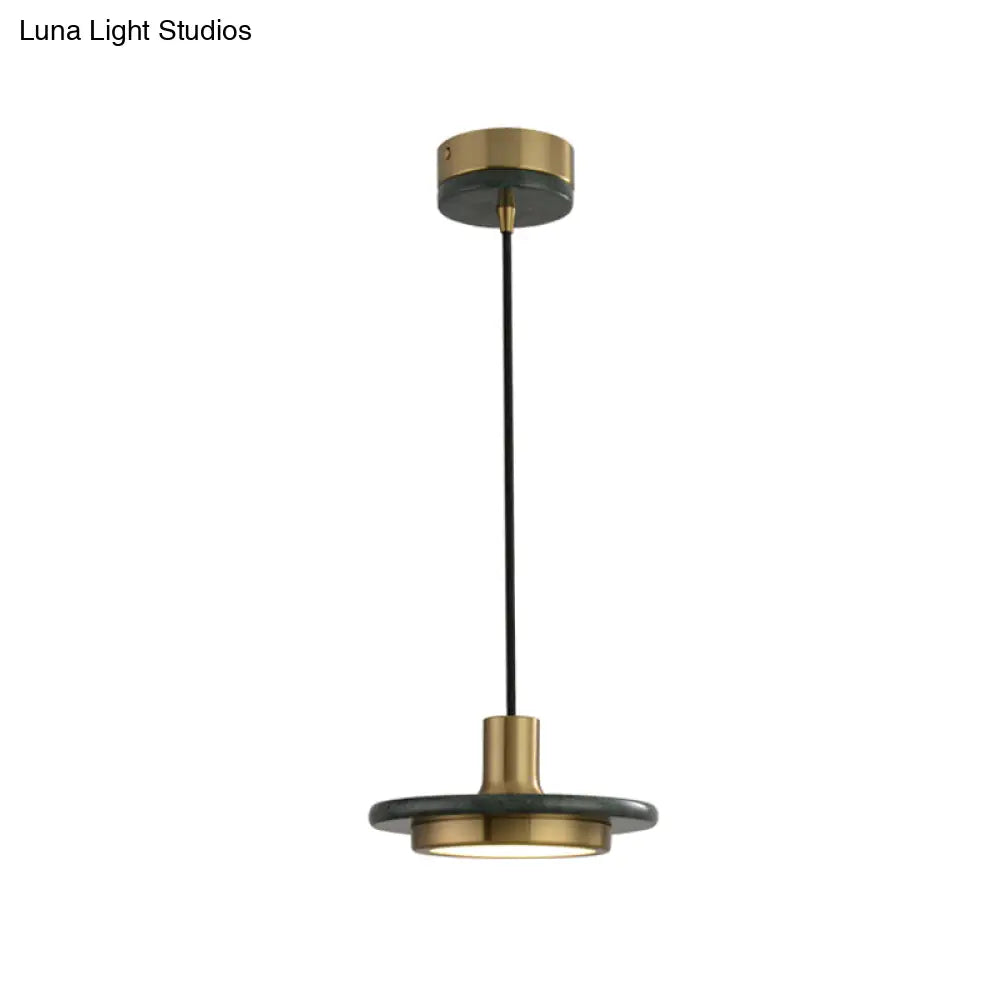 Antiqued Brass And Green Led Marble Lid Drop Pendant Light - Postmodern Ceiling Hang Fixture