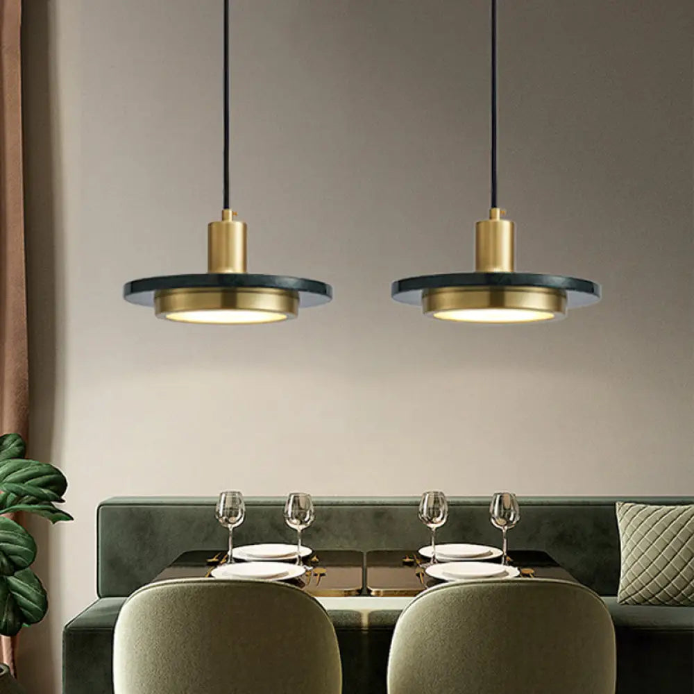 Antiqued Brass And Green Led Marble Lid Drop Pendant Light - Postmodern Ceiling Hang Fixture