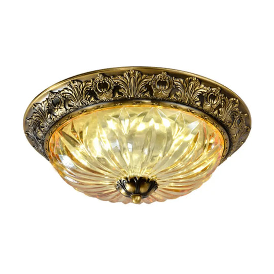 Antiqued Brass Bowl Ceiling Lamp: Traditional Carved Glass Flush Mount Light / 12’